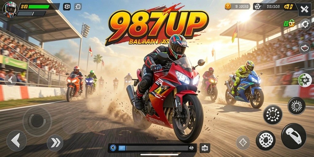 Screenshot gameplay balapan motor yang mendebarkan di 987UP.