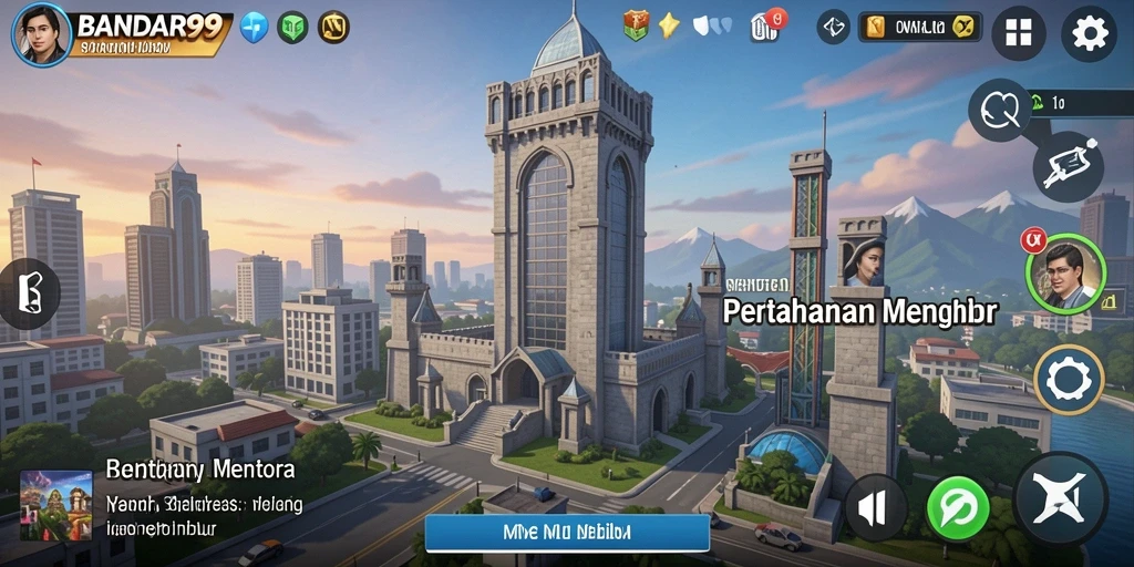 Tampilan gameplay BANDAR99 dengan menara pertahanan yang beragam.