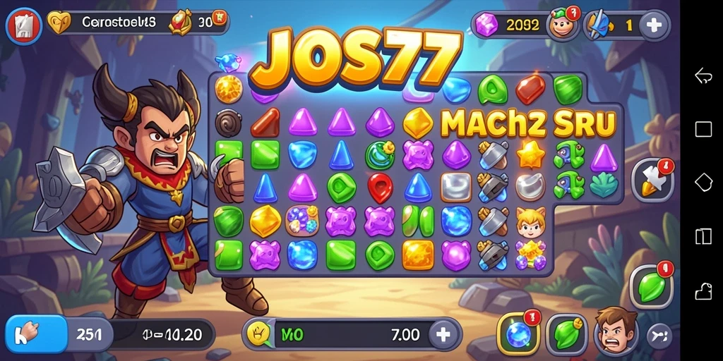 Tampilan gameplay JOS77 yang seru dan penuh warna dalam permainan Match-3.