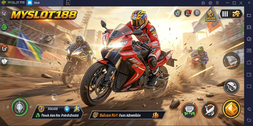 Screenshot gameplay MYSLOT188 menunjukkan balapan motor yang mendebarkan.