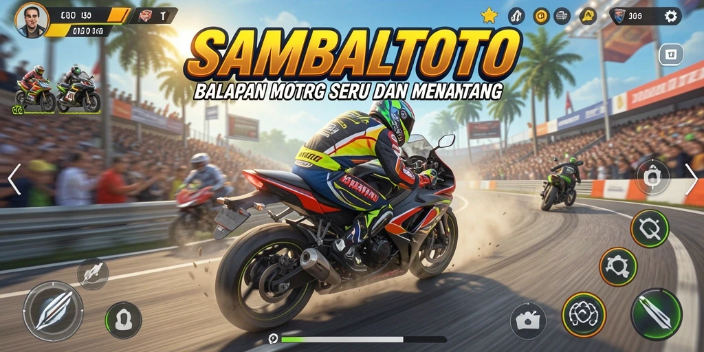 Screenshot gameplay SAMBALTOTO dengan aksi balapan motor yang mendebarkan.