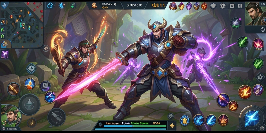 Screenshot utama SITUSTOTO menampilkan aksi pertarungan strategis di arena MOBA.