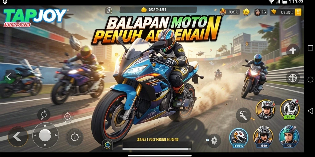 Tampilan gameplay yang mengasyikkan dalam TAPJOY dengan motor balap.